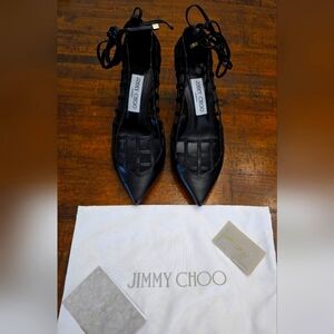Jimmy Choo Black Leather Heels with Lattice Design New With Box and Dust Bag